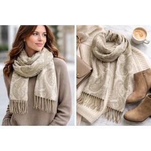 England 100% Cashmere Scarf Women OS Tan‎ Paisley Luxury Winter Fringed Wrap
